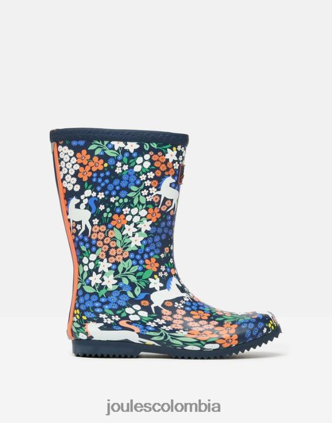 Joules calzado chicas botas de lluvia flexibles enrolladas estampadas H0604R331 caballos de la marina