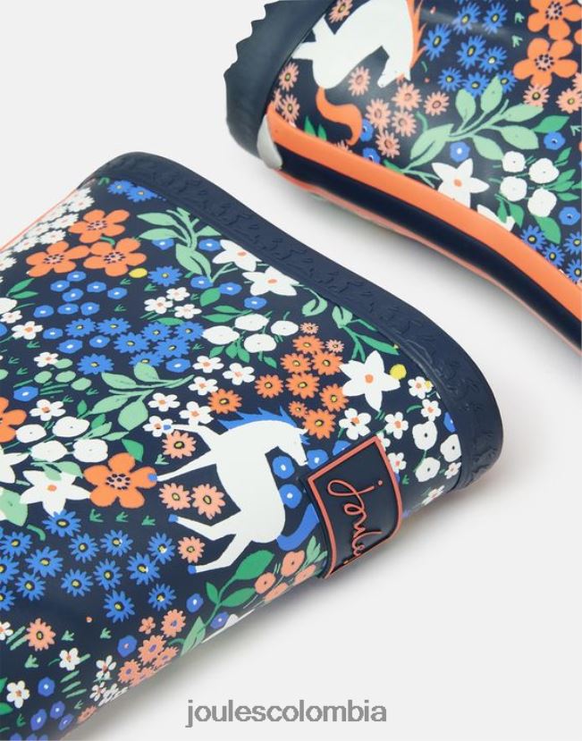 Joules calzado chicas botas de lluvia flexibles enrolladas estampadas H0604R331 caballos de la marina
