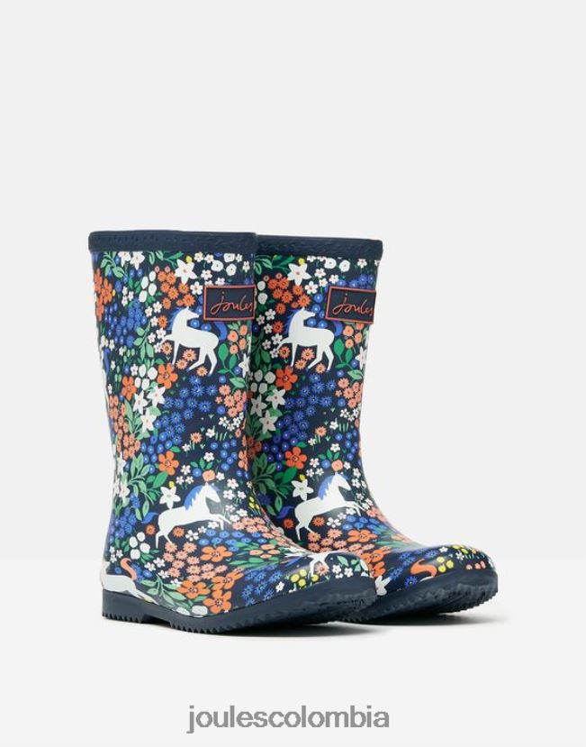 Joules calzado chicas botas de lluvia flexibles enrolladas estampadas H0604R331 caballos de la marina