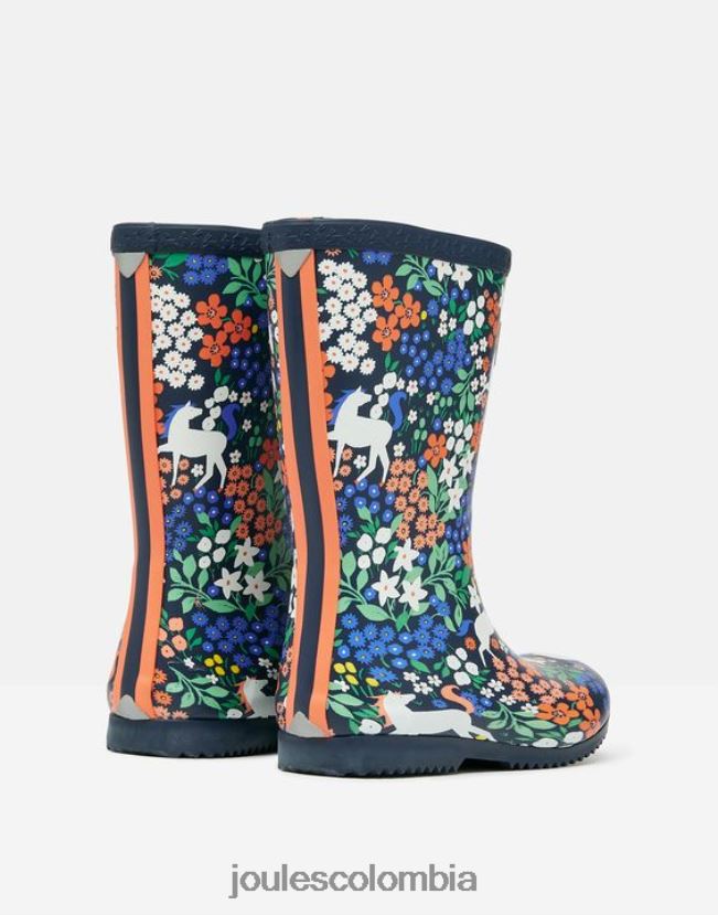Joules calzado chicas botas de lluvia flexibles enrolladas estampadas H0604R331 caballos de la marina