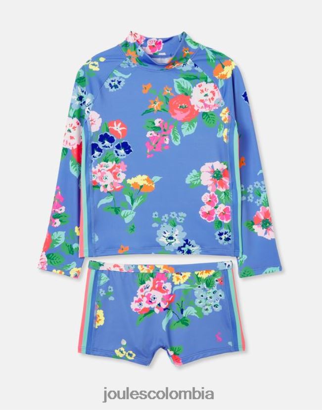 Joules vestir chicas conjunto de camiseta y baúl para sarpullido junto a la playa H0604R291 flores azules