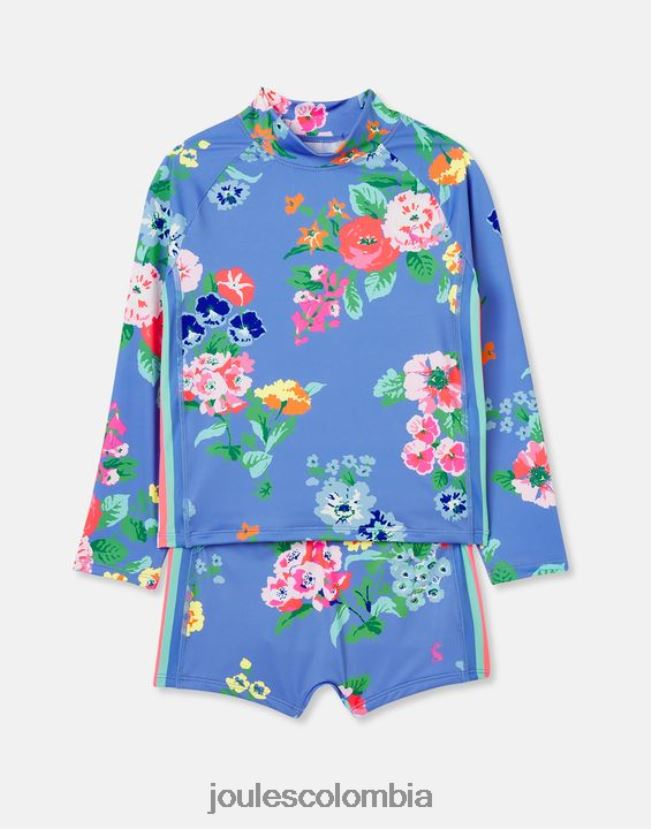 Joules vestir chicas conjunto de camiseta y baúl para sarpullido junto a la playa H0604R291 flores azules
