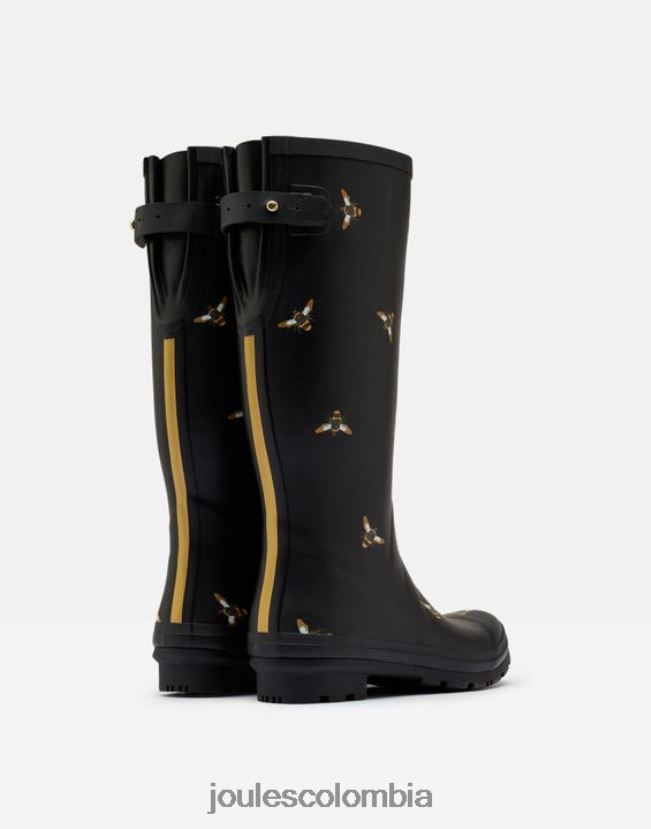 Joules calzado mujer Estampado de botas de lluvia con refuerzo trasero ajustable. H0604R147 abejas metálicas negras
