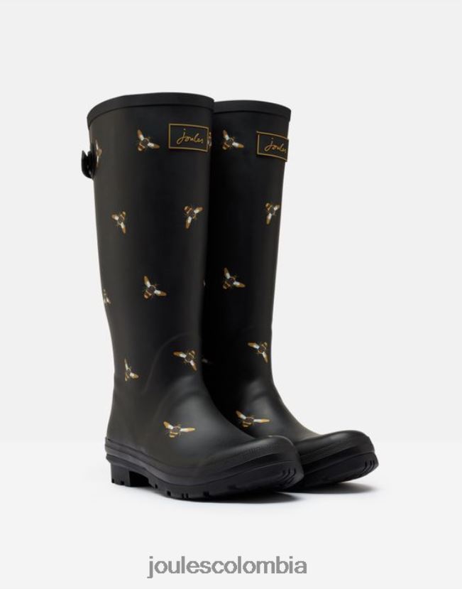 Joules calzado mujer Estampado de botas de lluvia con refuerzo trasero ajustable. H0604R147 abejas metálicas negras