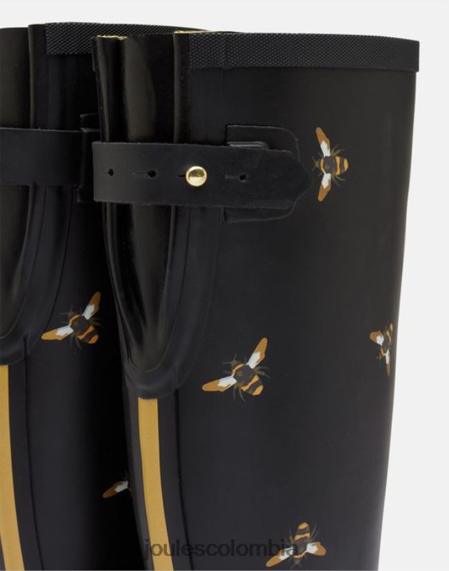 Joules calzado mujer Estampado de botas de lluvia con refuerzo trasero ajustable. H0604R147 abejas metálicas negras