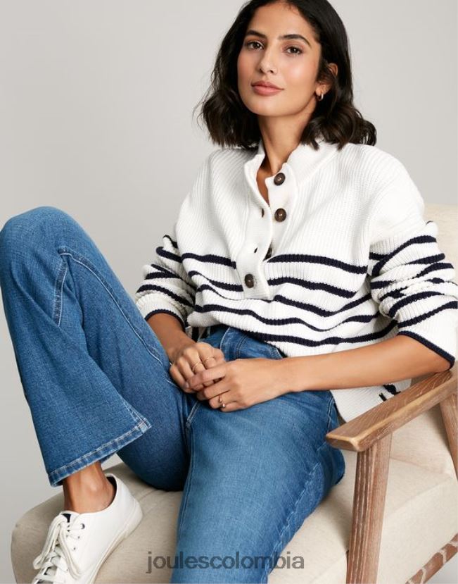 Joules vestir mujer suéter grueso con botones de cala H0604R90 raya crema azul marino