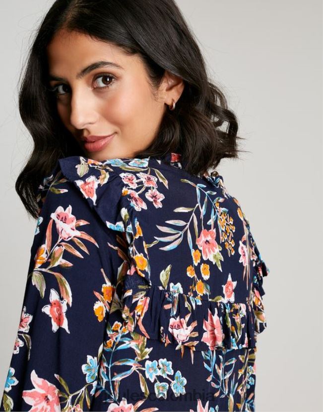 Joules vestir mujer Túnica escalonada con volantes en forma de cerradura y rubí H0604R101 pico azul marino floral