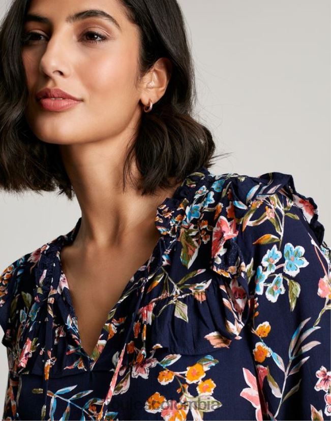 Joules vestir mujer Túnica escalonada con volantes en forma de cerradura y rubí H0604R101 pico azul marino floral
