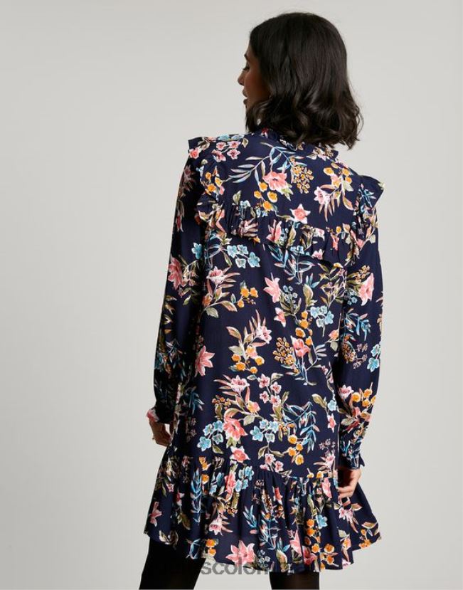 Joules vestir mujer Túnica escalonada con volantes en forma de cerradura y rubí H0604R101 pico azul marino floral
